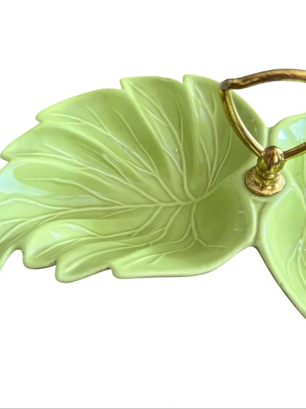 Vintage USA Ceramic Double Leaf Relish Candy Nut Dish Gold Handle Lime Green